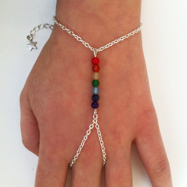 Chakra Gemstone New Age Slave Chain Hand Harness Bracelet Silver Plate 