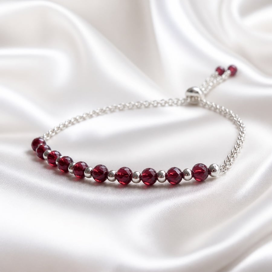 Sterling Silver Garnet Slider Bracelet, January Birthstone Gift Boxed