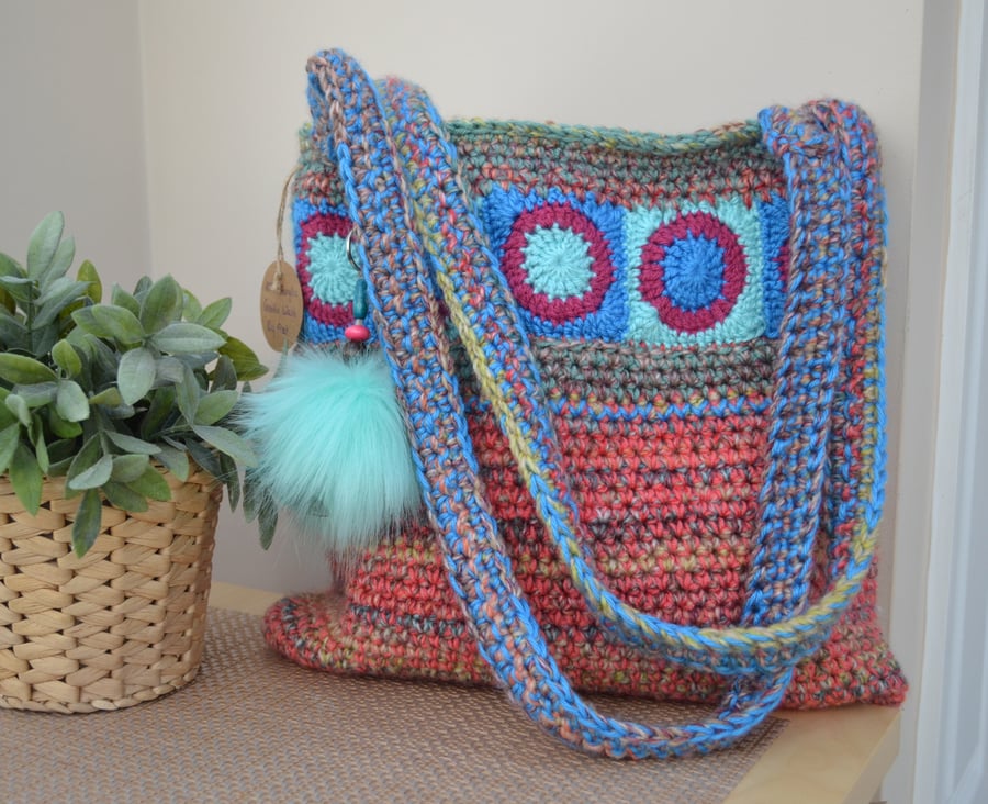 Attractive Peach Bag With Turquoise Squares