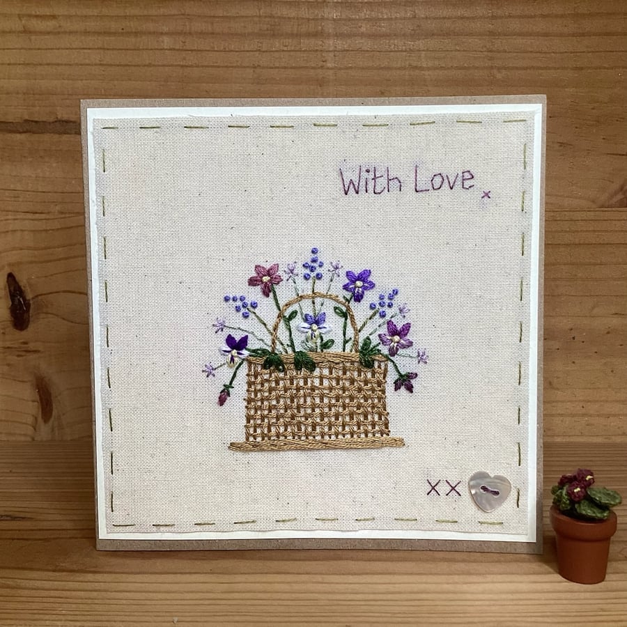 Basket of flowers hand embroidered card