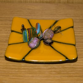 Yellow and Sparkly Green Fused Glass Trinket Dish - 8030