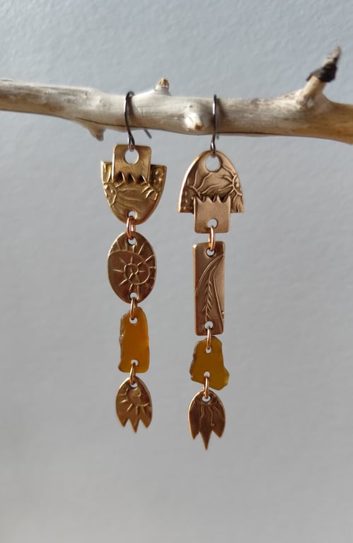 Seaglass shoulder duster earrings, bronze unique jewellery, mismatch