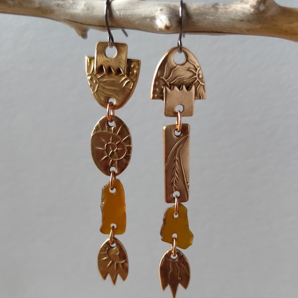 Seaglass shoulder duster earrings, bronze unique jewellery, mismatch