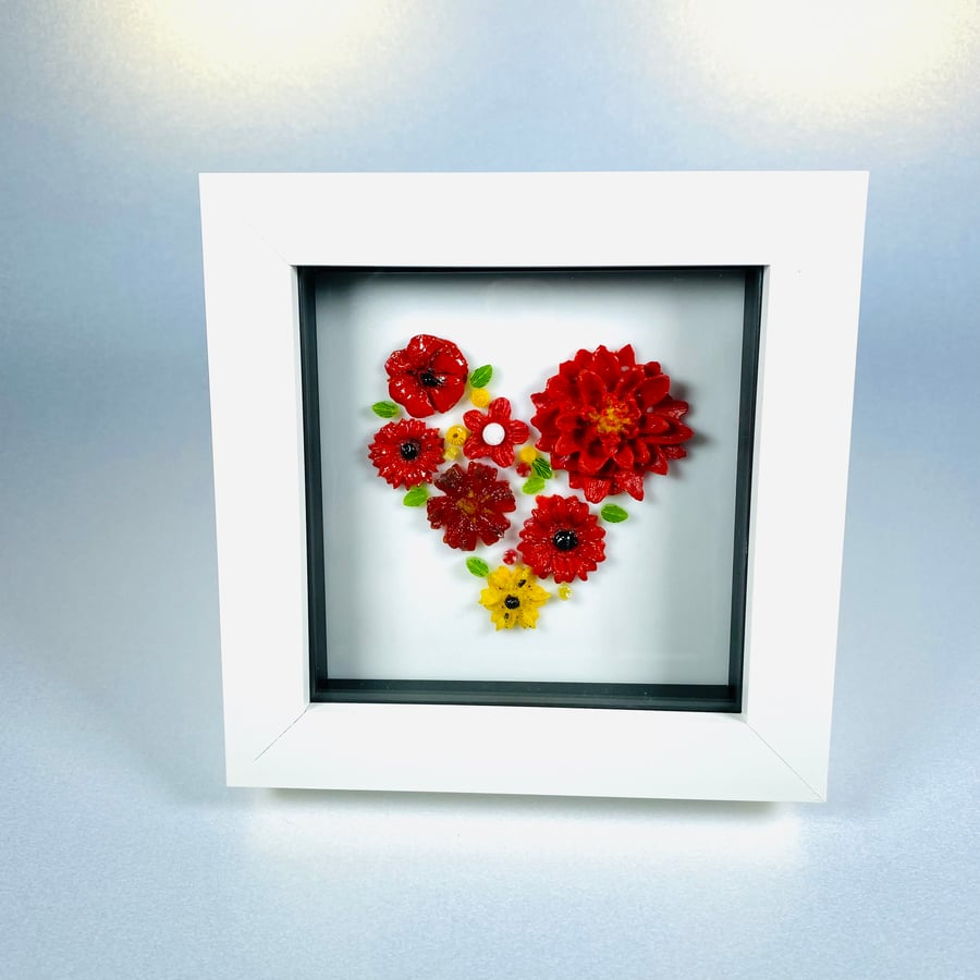 Fused glass  heart and flowers picture