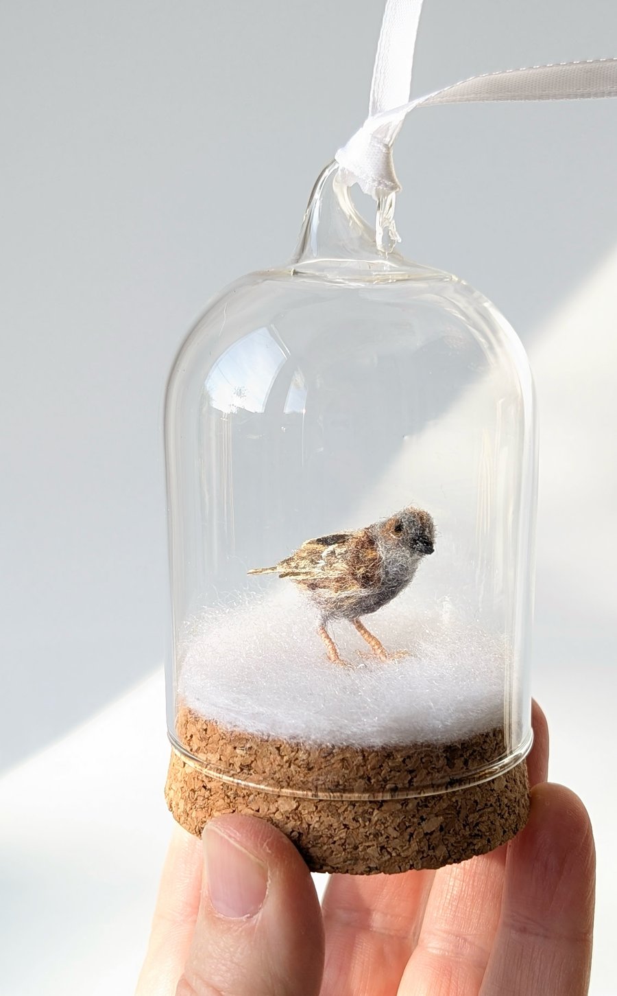 Tiny needle felt Dunnock miniature winter bird art hanging bell-jar gift