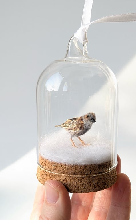 Tiny needle felt Dunnock miniature winter bird art hanging bell-jar gift
