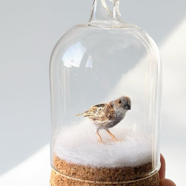 Tiny needle felt Dunnock miniature winter bird art hanging bell-jar gift