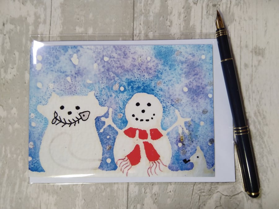 Christmas card (printed) Snow cat and mouse build a snowman