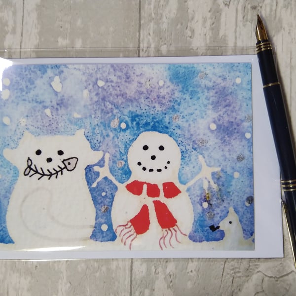 Christmas card (printed) Snow cat and mouse build a snowman