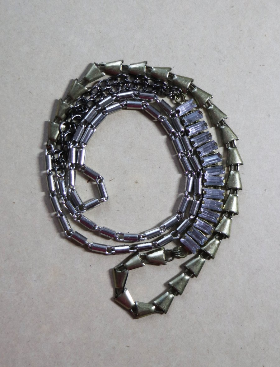 Up-cycled mixed metal - faux sparkling clear stone - necklace - one off item