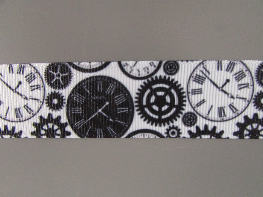 Black Steampunk Clocks 2.5cm Grosgrain Ribbon x 1 metre
