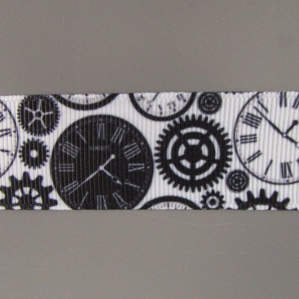 Black Steampunk Clocks 2.5cm Grosgrain Ribbon x 1 metre