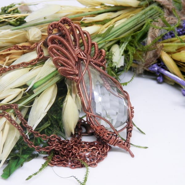 Elven Style Faceted Clear Quartz Copper Necklace