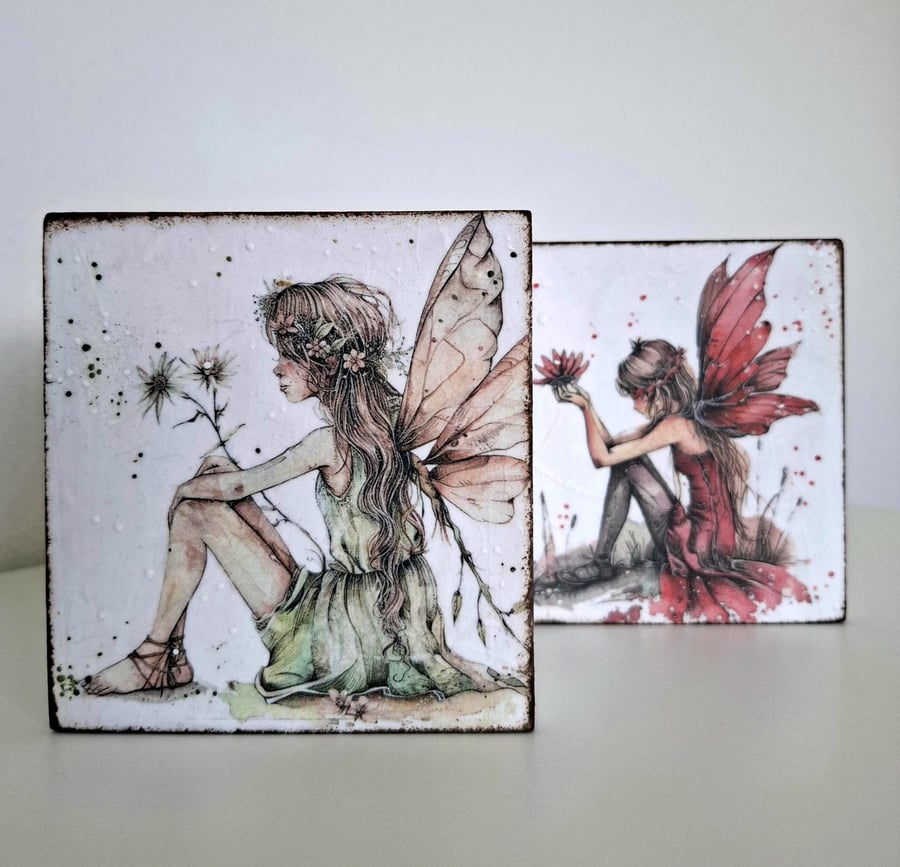 Image of Decoupaged Fairy Pencil Holder, Hand-Painted Wooden Desk Organizer, Set of Two