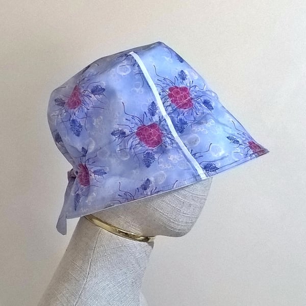 Adjustable bucket hat blue and raspberry floral cotton and silk mix