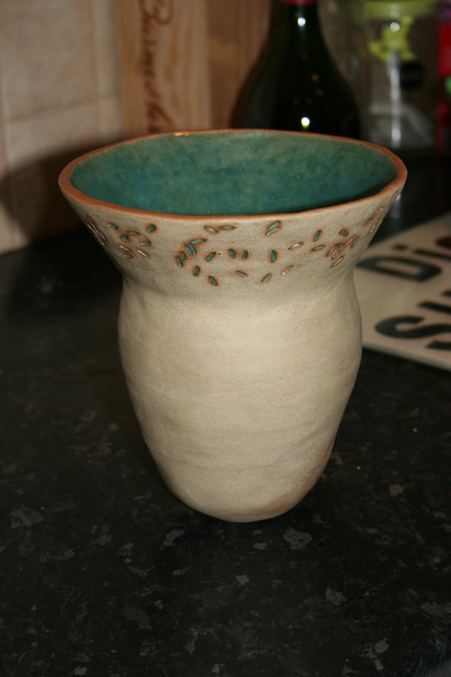 Handmade coiled natural ceramic turquoise & rice textured decorative  pot 