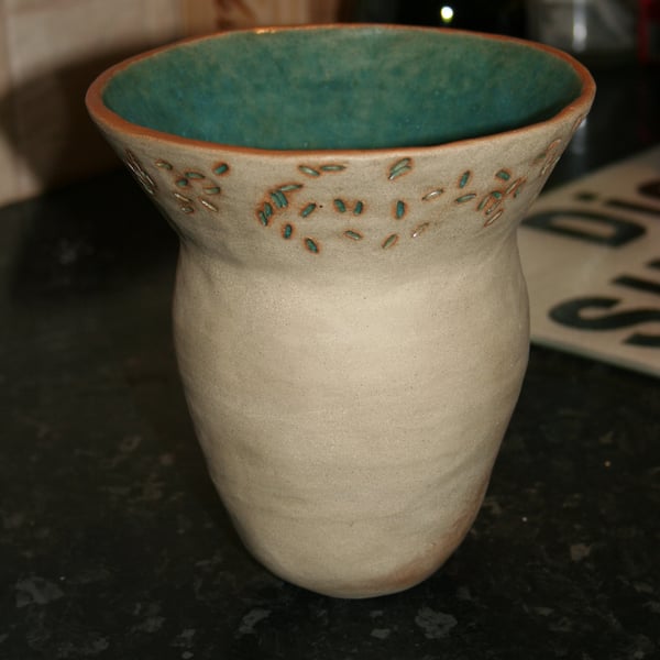 Handmade coiled natural ceramic turquoise & rice textured decorative  pot 