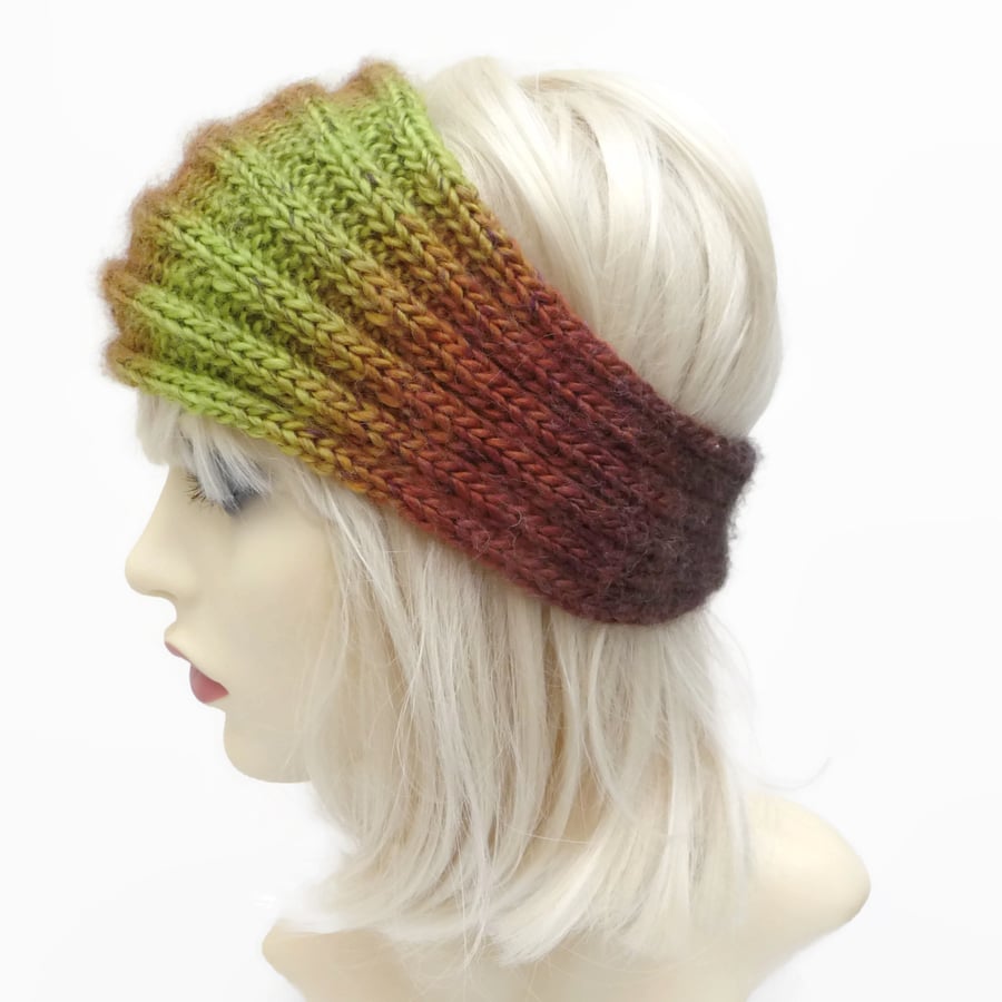 Adult Knitted Headband Brown Lime Green