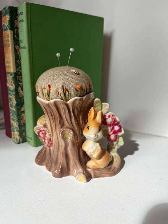 Hornsea rabbit pincushion embroidered flowers and bee