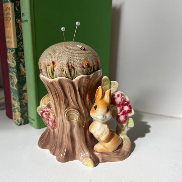 Hornsea rabbit pincushion embroidered flowers and bee
