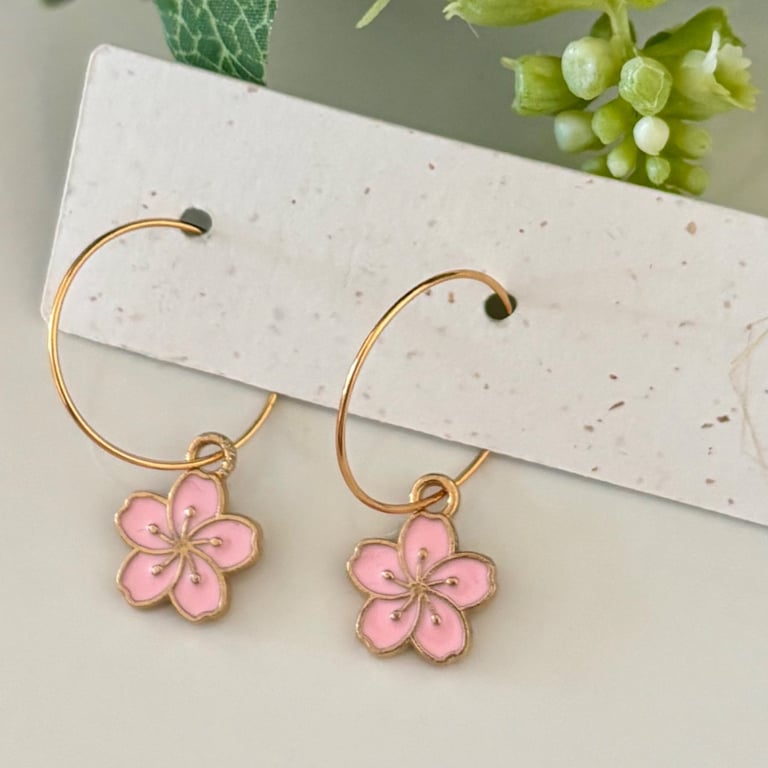 Blush Pink Blossom Hoop Earrings, Floral Charms, Handmade Jewellery 