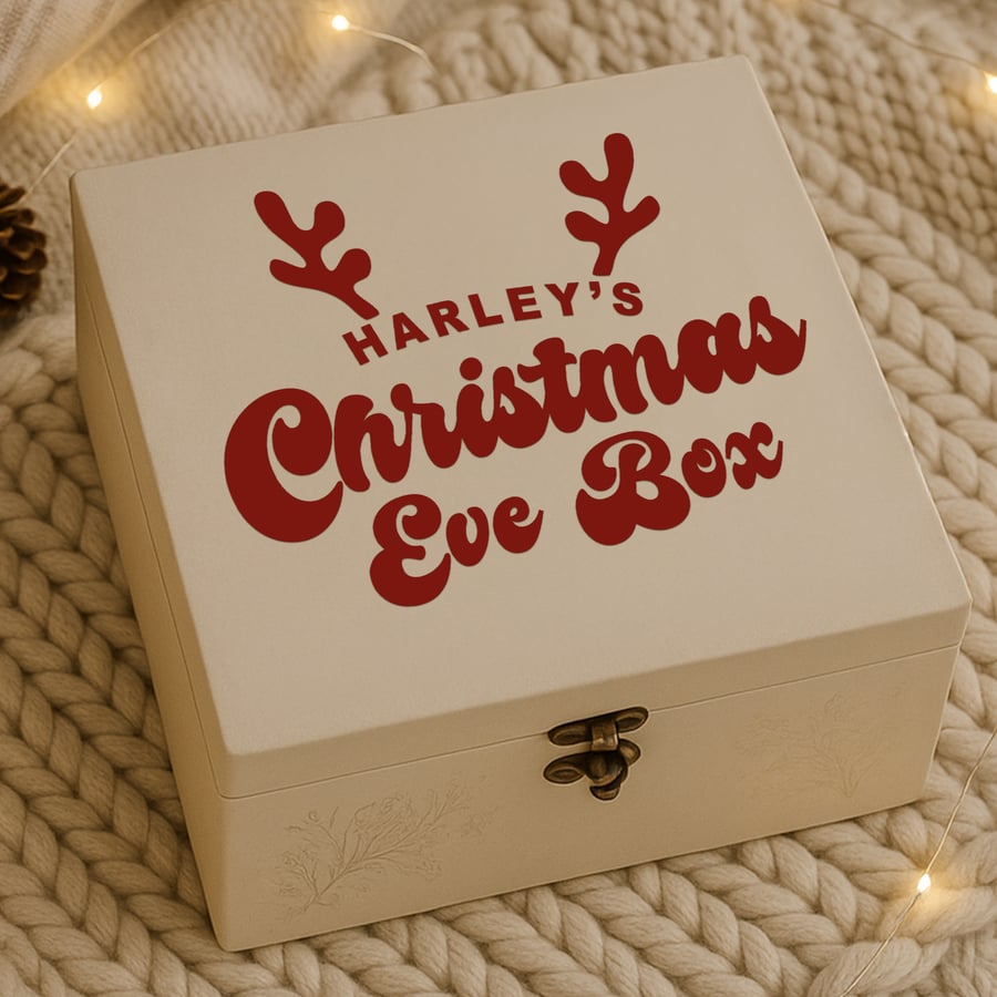 Personalised Christmas Eve Box Vinyl Sticker – Antlers: Custom Name Label