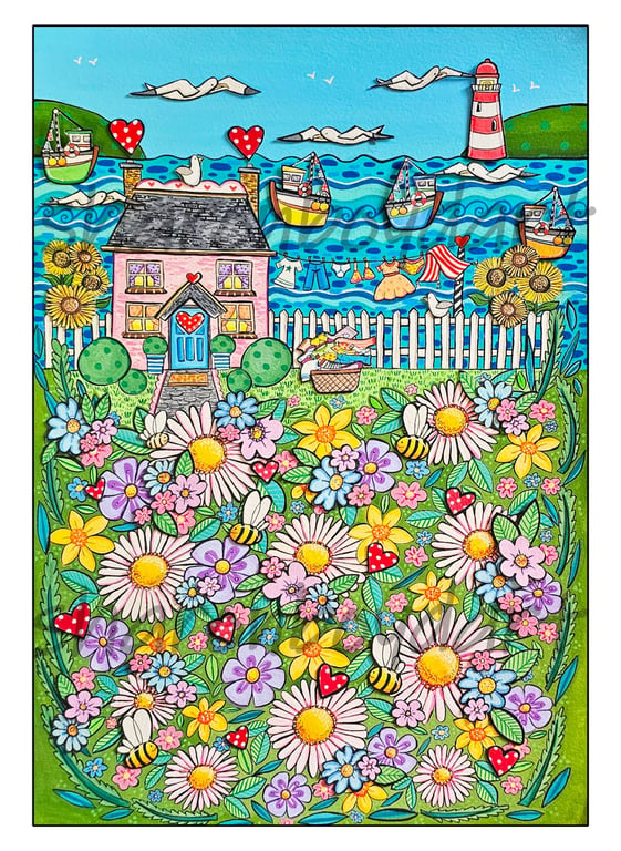 Cute little Cottage by the Sea Illustration Print A3
