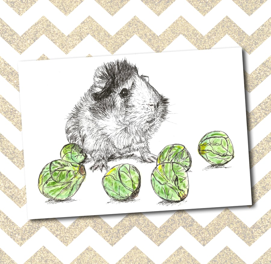 Cute Funny Guinea Pig Sprouts A6 Christmas Card-Print from Original Drawing