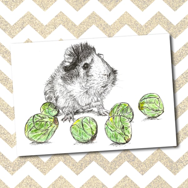Cute Funny Guinea Pig Sprouts A6 Christmas Card-Print from Original Drawing