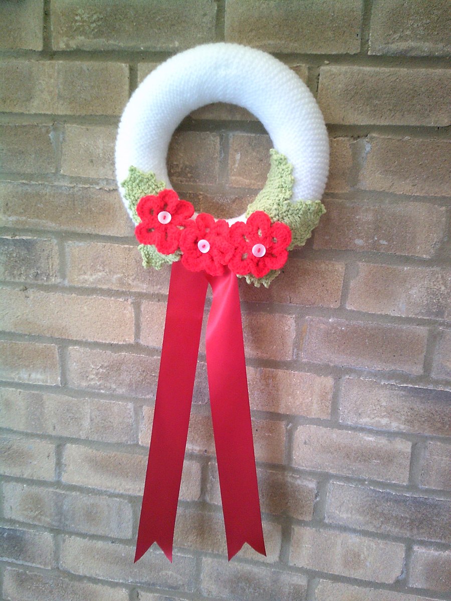 White with Red Flowers and leaves Hand Knitted Wreath