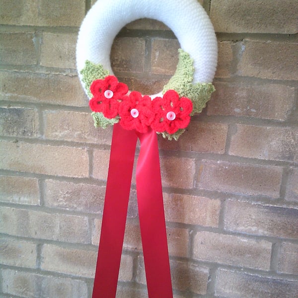 White with Red Flowers and leaves Hand Knitted Wreath