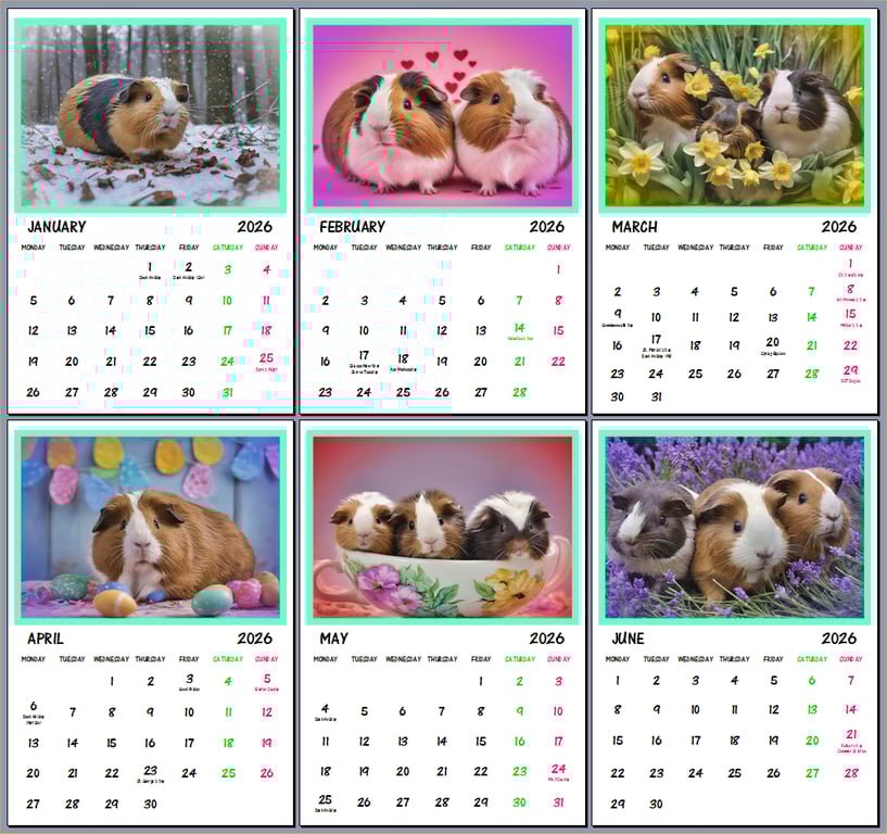 Guinea Pigs 2026 A4 Calendar Wall Hanging 