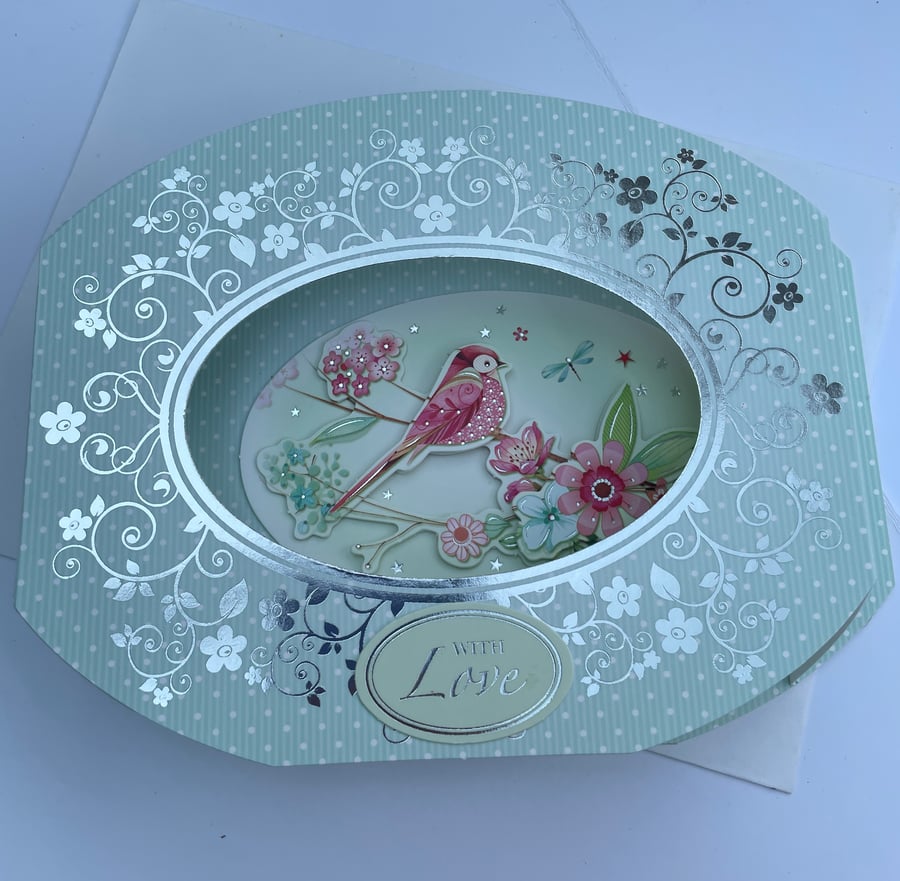 Bright and colourful bird on a branch 3D diorama card