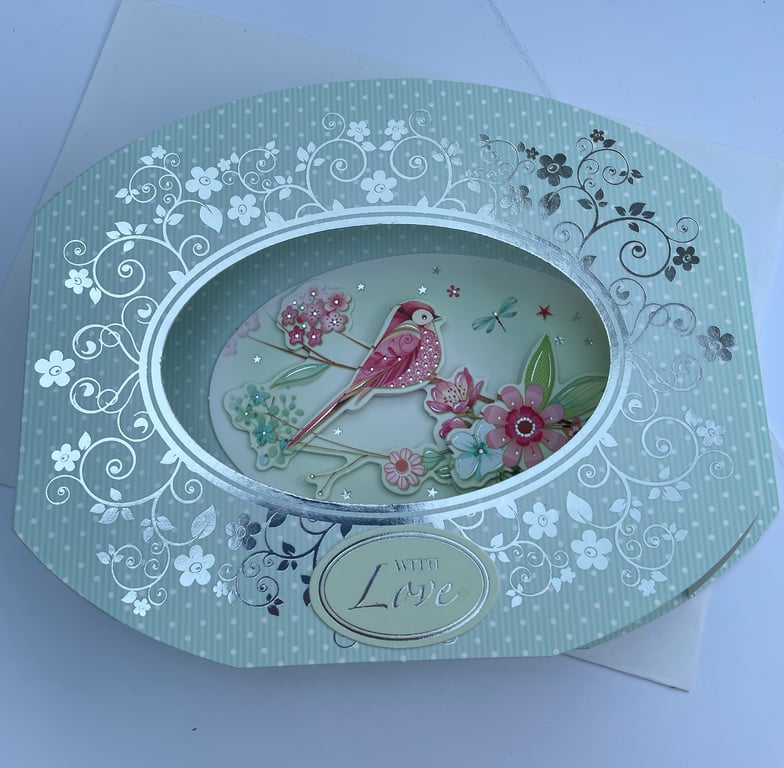 Bright and colourful bird on a branch 3D diorama card