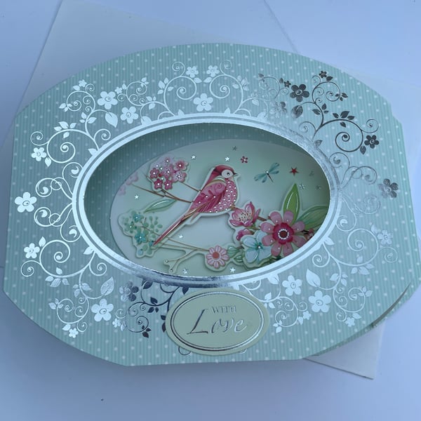 Bright and colourful bird on a branch 3D diorama card