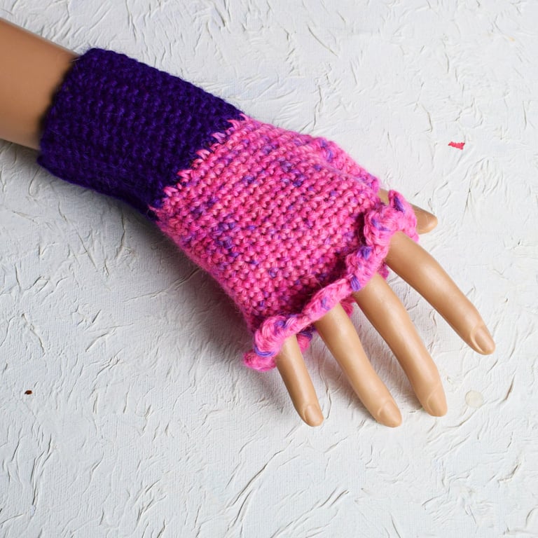 Pink and Purple Fingerless Gloves Crocheted in Hand Dyed Wool