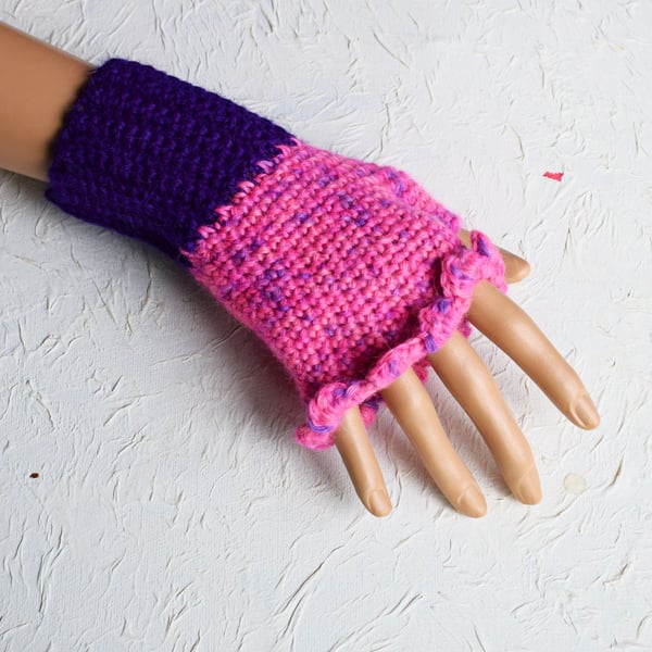 Pink and Purple Fingerless Gloves Crocheted in Hand Dyed Wool