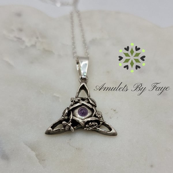 Sterling Silver Triquetra Pendant, Bee, Dragonfly, flowers Amethyst Necklace.