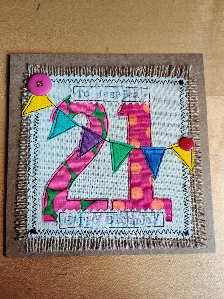 Handmade, fabric, free motion machine embroidery adult age birthday cards  