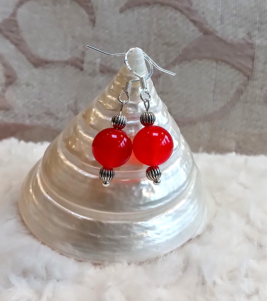 Genuine beautiful smooth RUBY orb & Tibetan silver beads on 925 silver EARRINGS