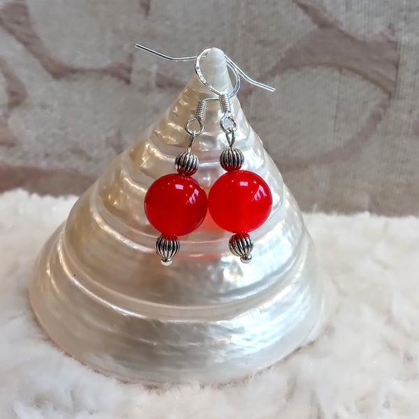Genuine beautiful smooth RUBY orb & Tibetan silver beads on 925 silver EARRINGS