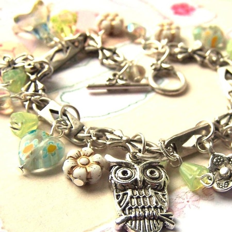 Silver Owl Charm Bracelet with Hearts and Flowers