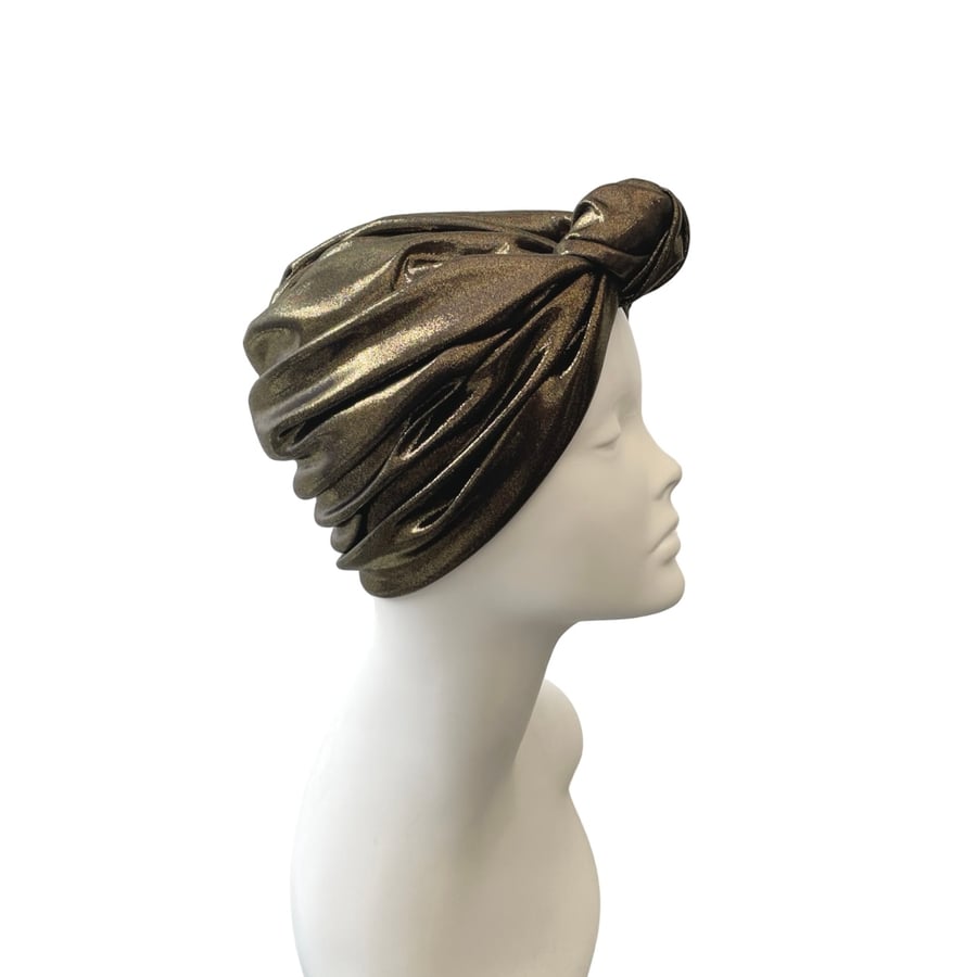 Golden Metallic Foil Jersey Front Knot Turban Hat, Festive Christmas and Party 