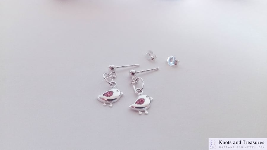 Sterling Silver Bird  with Pink Cubic Zirconia Wing Charm Earrings