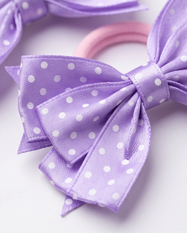 Set of 2 Purple Ribbon Bows on Hair Elastic – Layered Polka Dot Hair band