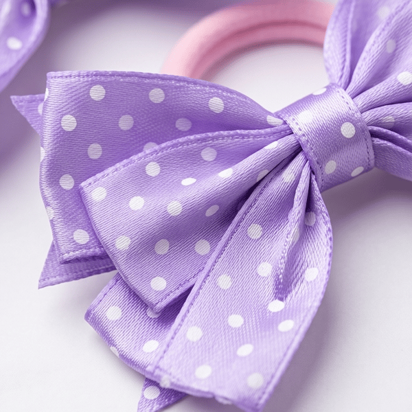 Set of 2 Purple Ribbon Bows on Hair Elastic – Layered Polka Dot Hair band
