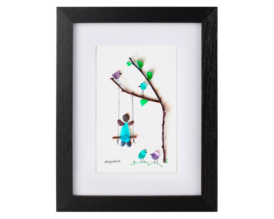 Girl on Swing - Sea Glass & Pebble Picture - Framed Unique Handmade Art