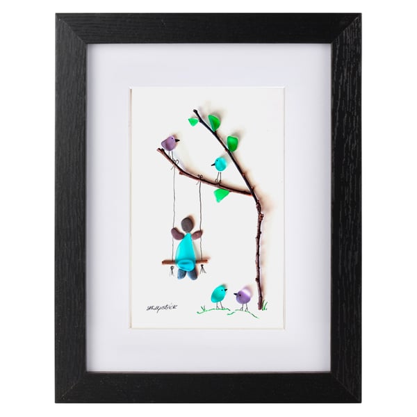 Girl on Swing - Sea Glass & Pebble Picture - Framed Unique Handmade Art