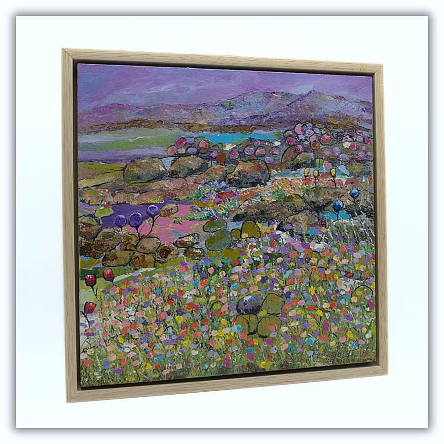 Original framed landscape - wildflowers - Scottish coastline - The Machair