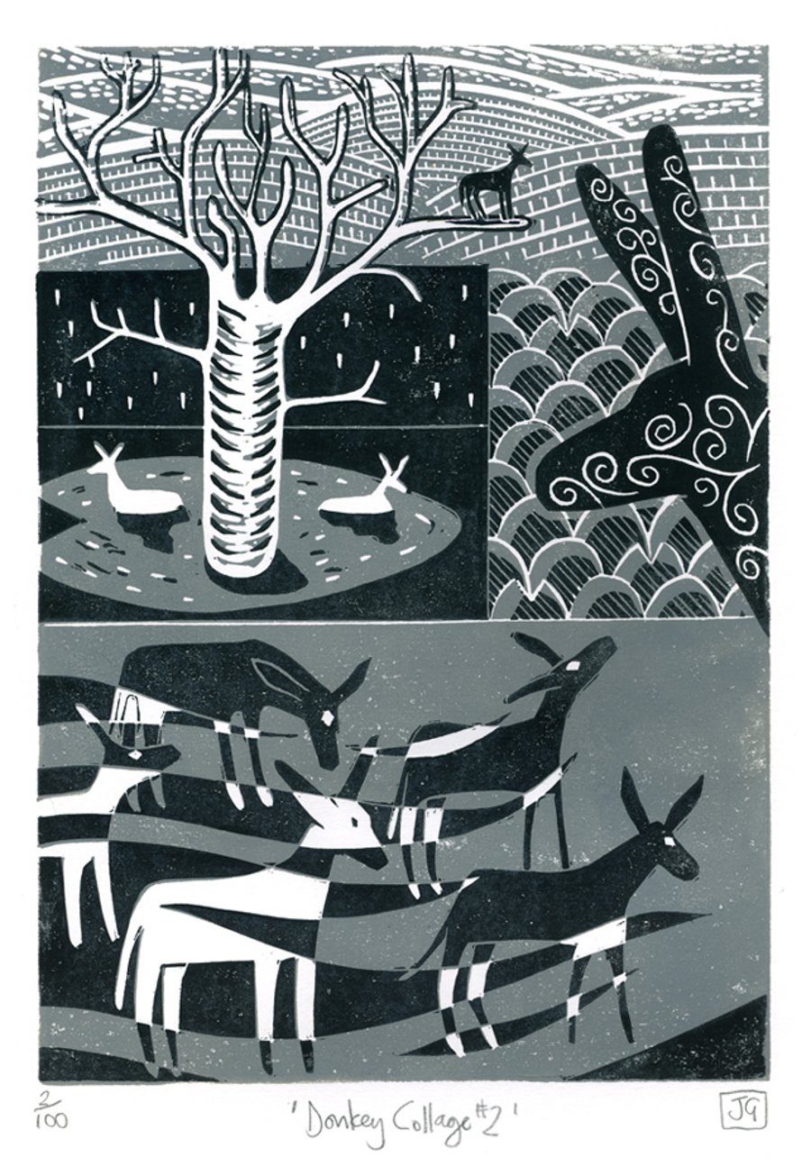 Donkey Collage No.2 two-colour linocut print